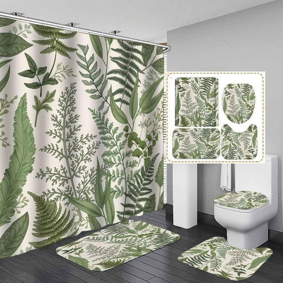 4PCS Tropical Gold Green Palm Leaves Shower Curtain Sets with Rugs, Hummingbird Shower Curtain, Waterproof Fabric White Shower Curtain, Plant Botanical Monstera Leaf Hawaiian Bathroom Decor