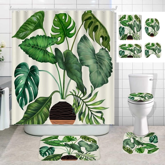 4PCS Tropical Leaves Shower Curtain Sets with Rugs, Waterproof Fabric Beige Shower Curtain, Summer Watercolor Green Palm Leaf Monstera Banana Leaf Rainforest Botanical Jungle Bathroom Decor