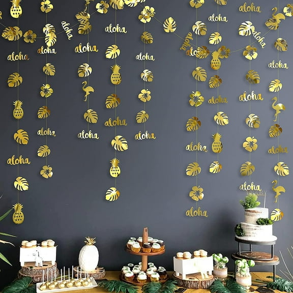 4PCS Tropical Party Decorations Palm Leaves Garland Banner for Summer Hawaiian Luau Wild One Safari Beach Birthday Bachelorette Engagement Wedding Bridal Baby Shower Jungle Leaf Party Supplies