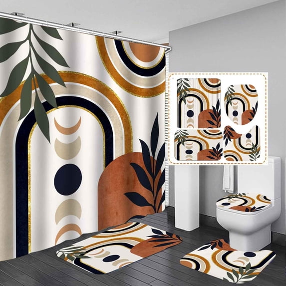 4PCS Wavy Swirl Shower Curtain Sets with Rugs, Abstract Shower Curtain, Waterproof Fabric Green Shower Curtain, 70s Art Cute Funky Groovy Vintage Retro Boho Minimal Aesthetic Bathroom Decor