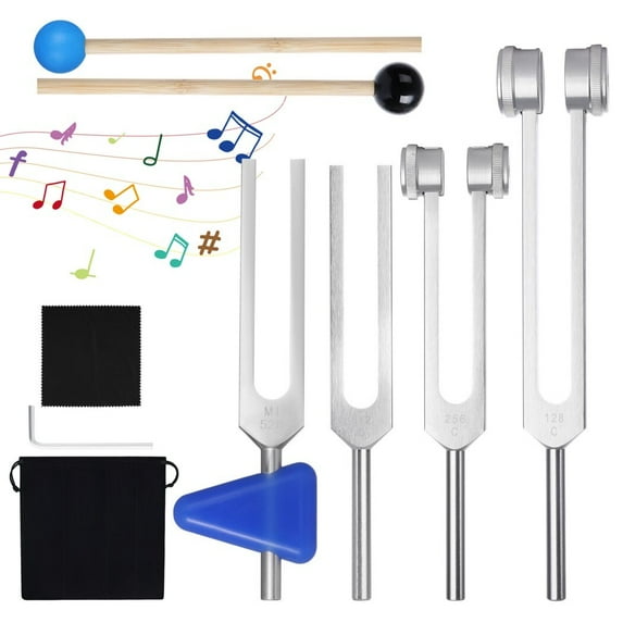 4PCS Tuning Fork Set, Tuned Forks for Music, Therapy Yoga, MI 528 HZ, 128 HZ, 256 HZ, 512 HZ for Instrument Tuning Sound Healing, Meditation Energy Work