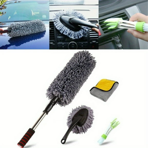 4PCS Ultimate Car Duster KitBest Microfiber Multipurpose Duster,Interior &Exterior Cleaning Tools,Dashboard Detailing Brush,Scratch Lint Free,Pollen Removing,extendable Handle,Tuck,SUV,RV