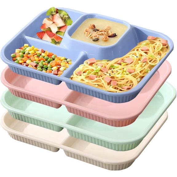 4PCS Unbreakable Divided Plates for Adults, Lightweight Reusable Plastic Compartment Portion Control Plates, 1.8 Inch deeper depth Dinner Plate for Soup,yogurt