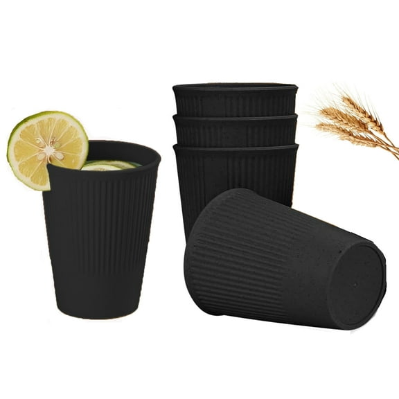 4PCS Unbreakable Drinking Cups for Kids Adults Toddler, 12oz Reusable Wheat Straw Cup Set, Stackable Plastic Cup for Kitchen, BPA Free & Dishwasher Safe,Black