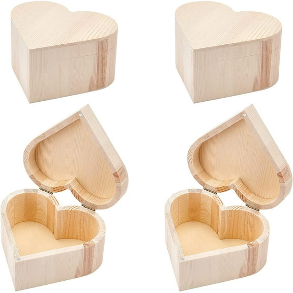 4PCS Unfinished Wooden Box 5x5.2 Inch Unpainted Heart-Shaped Box Pine Storage Box Natural Wood Box with Iron Findings Love Gift Box for Valentine's Day Crafting Making Jewelry Box