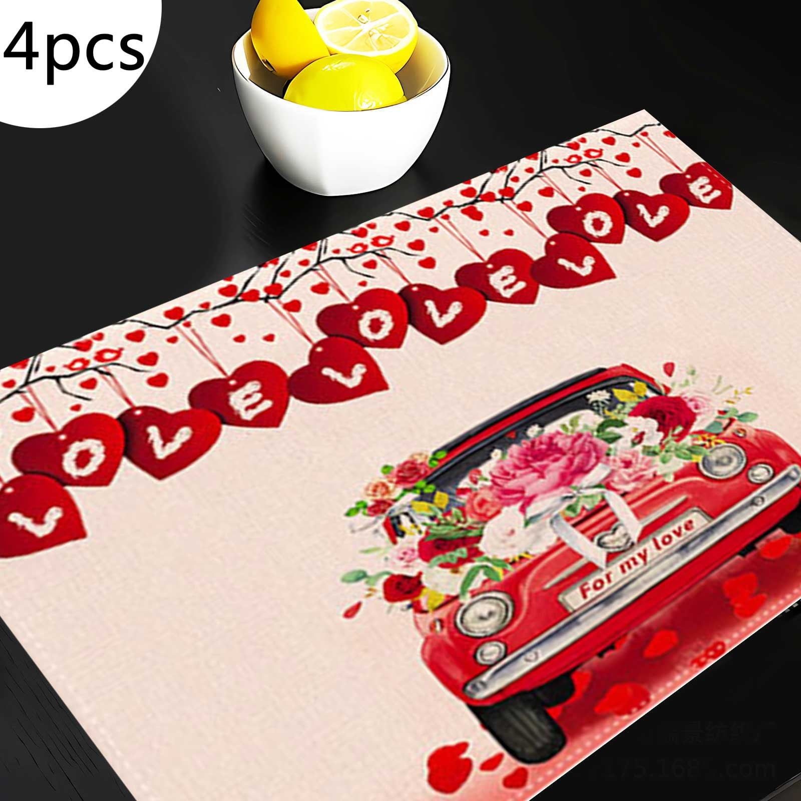 4PCS Valentine's Day Love Truck Pattern Stain Proof Tablecloth Placemat