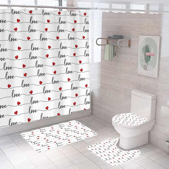 4PCS Valentines Day Shower Curtain Sets With Rugs, Waterproof Fabric White Shower Curtain, Romantic Red Rose Couple Anniversary Wedding Bathroom Decor, I Love You Gifts for Her Him, To My Love