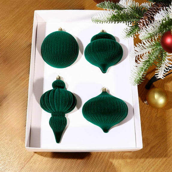 4PCS Velvet Christmas Ornaments Set, Flocked Shatterproof Assorted Hanging Xmas Tree Ball Decorations, for Home Party Holiday Decor,Green