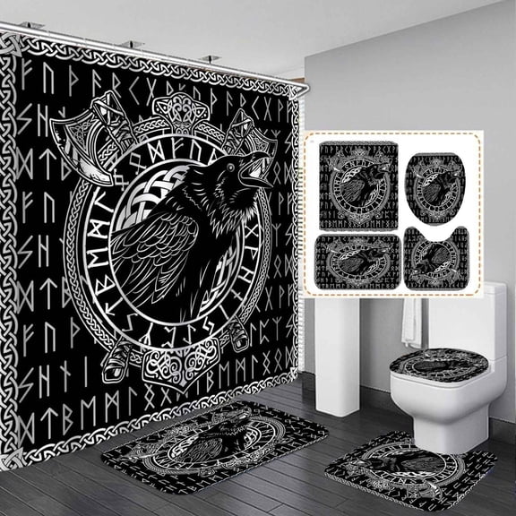 4PCS Viking Crow Shower Curtain Sets with Rugs, Waterproof Fabric Black Shower Curtain, Raven Norse Runes Runic Mystical Celtic Scandinavian Meditation Nordic Mythology Gothic Bathroom Decor