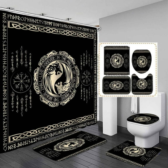 4PCS Viking Crow Shower Curtain Sets with Rugs, Waterproof Fabric Black Shower Curtain, Raven Norse Runes Runic Mystical Celtic Scandinavian Meditation Nordic Mythology Gothic Bathroom Decor
