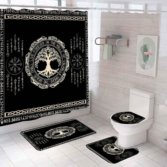 4PCS Viking Crow Shower Curtain Sets with Rugs, Waterproof Fabric Black Shower Curtain, Raven Norse Runes Runic Mystical Celtic Scandinavian Meditation Nordic Mythology Gothic Bathroom Decor