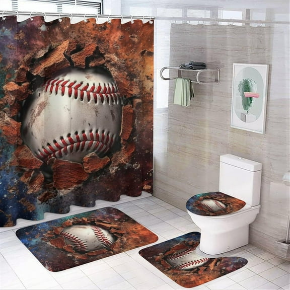 4PCS Vintage Baseball Shower Curtain Set Explosive Collision Bathroom Decor Sets with Rugs Bathroom Accessories Set Bathroom Curtain Shower Set with 12 Hooks