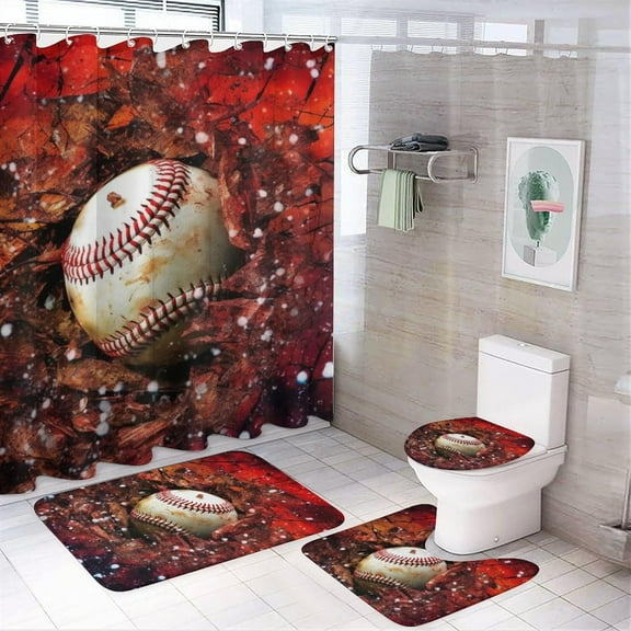 4PCS Vintage Baseball Shower Curtain Set Explosive Collision Bathroom Decor Sets with Rugs Bathroom Accessories Set Bathroom Curtain Shower Set with 12 Hooks