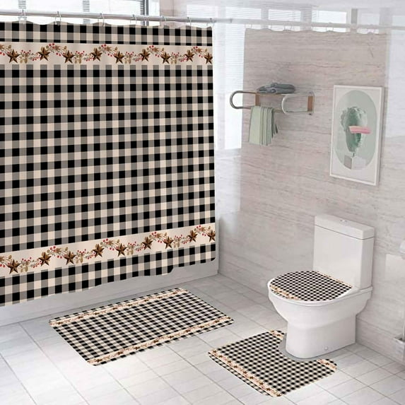 4PCS Vintage Beige Red Buffalo Plaid Shower Curtain Sets With Rugs, Primitive Shower Curtain, Waterproof Fabric Shower Curtain, Burgundy Checkered Check Country Rustic Farmhouse Bathroom Decor