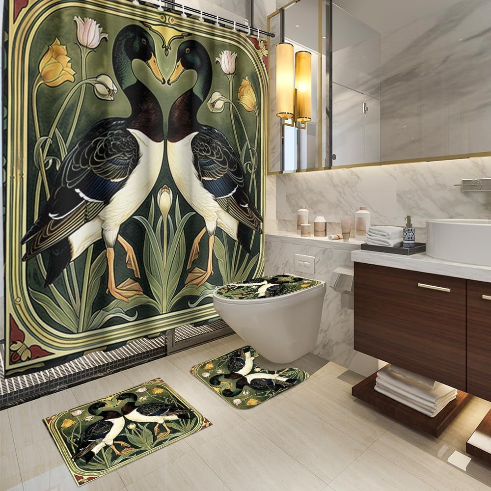 4PCS Vintage Bigfoot Sasquatch Shower Curtain Sets,Funny Animal Bathroom Sets with Non-Slip Rugs,Toilet Lid Cover,Bath Mat,Shower Curtain with 12 Hooks Farmhouse Bathroom Sets Decor