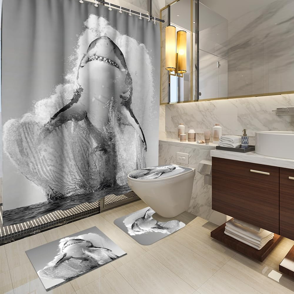 4PCS Vintage Bigfoot Sasquatch Shower Curtain Sets,Funny Animal Bathroom Sets with Non-Slip Rugs,Toilet Lid Cover,Bath Mat,Shower Curtain with 12 Hooks Farmhouse Bathroom Sets Decor