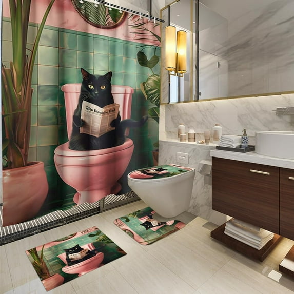 4PCS Vintage Bigfoot Sasquatch Shower Curtain Sets,Funny Animal Bathroom Sets with Non-Slip Rugs,Toilet Lid Cover,Bath Mat,Shower Curtain with 12 Hooks Farmhouse Bathroom Sets Decor