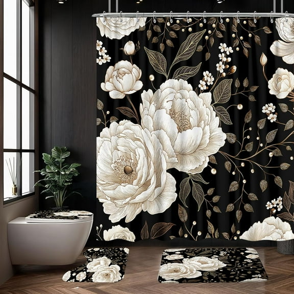 4PCS Vintage Boho Floral Shower Curtain Set Retro Flower Botanical Aesthetic Bathroom Sets with Dark Wildflower Shower Curtain Bath Mats Rustic Farmhouse Bath Accessories Toilet Lid Cover U-Shaped Ma