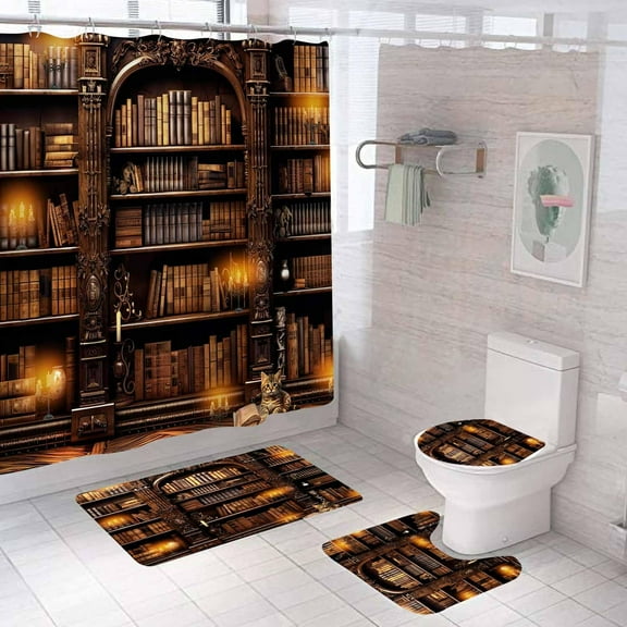 4PCS Vintage Bookshelf Shower Curtain Sets with Rugs, Waterproof Fabric Shower Curtain, Retro Wizard Magic Library Books Antique Bookcase Halloween Mysterious Gothic Witchy Bathroom Decor