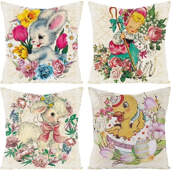 4PCS Vintage Easter Pillow Covers, 18x18 IN Set of 4 Cushion Pillow Covers for Home Decorations, Retro Easter Linen Throw Pillow Covers for Sofa, Holiday Decorative Cushion Pillowcase for Couch