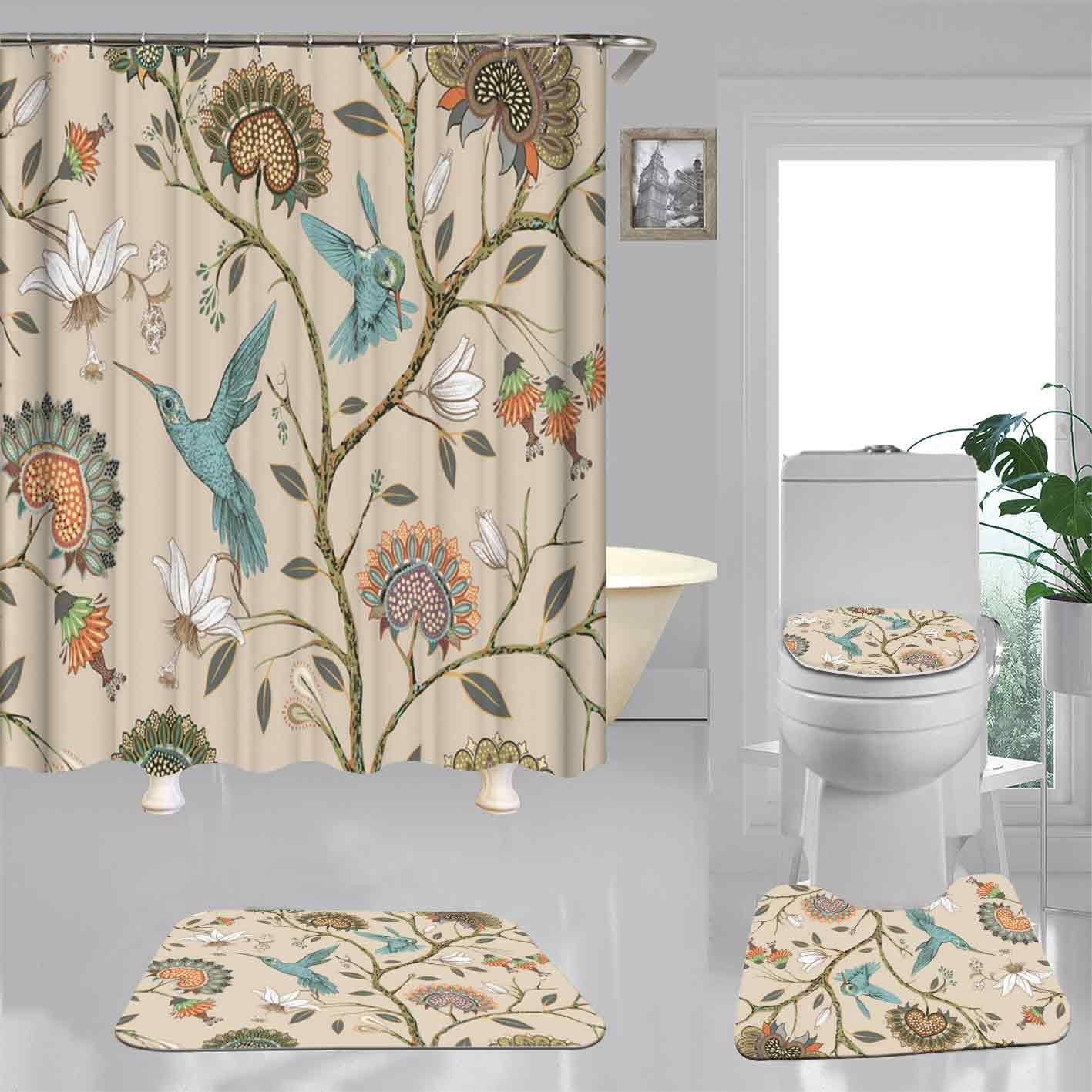 4PCS Vintage Floral Bird Shower Curtain Set, Waterproof Fabric Beige ...
