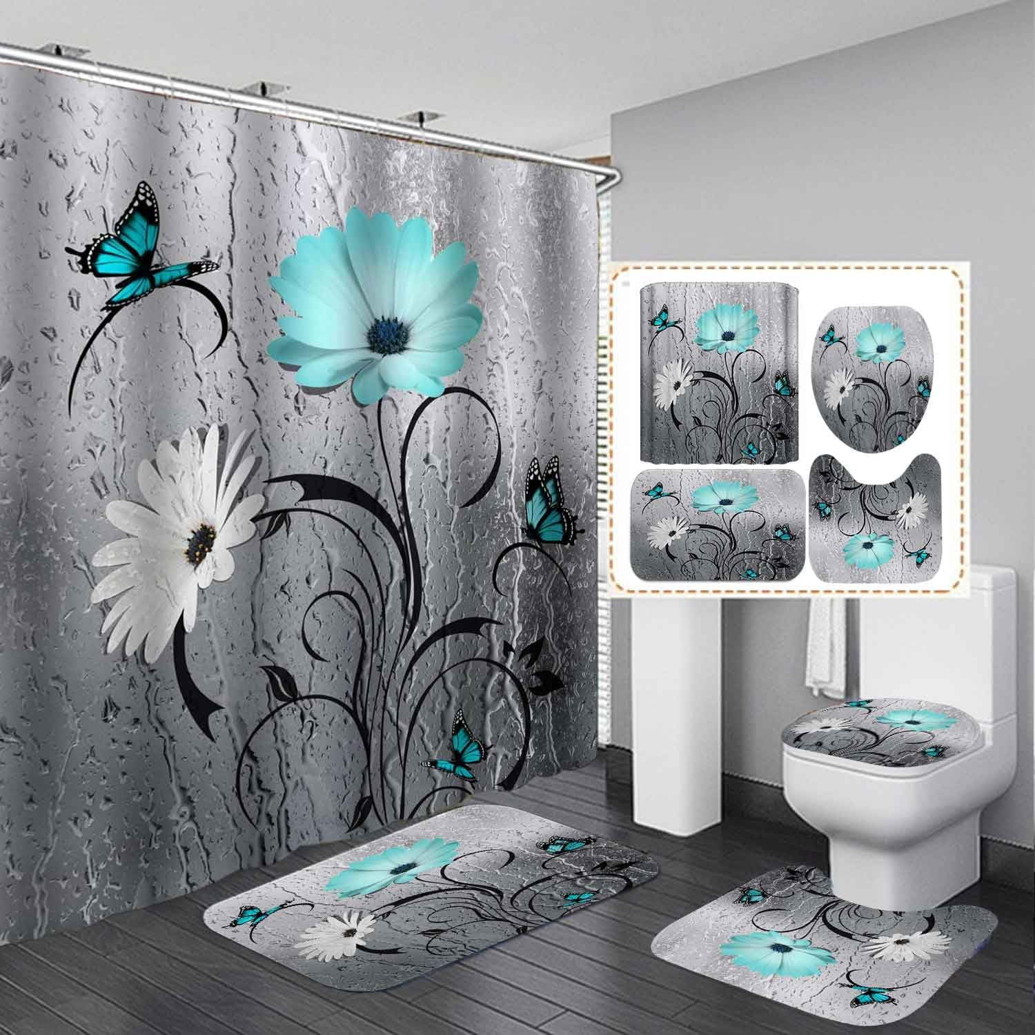 4PCS Vintage Floral Shower Curtain Set, Waterproof Fabric Yellow Shower