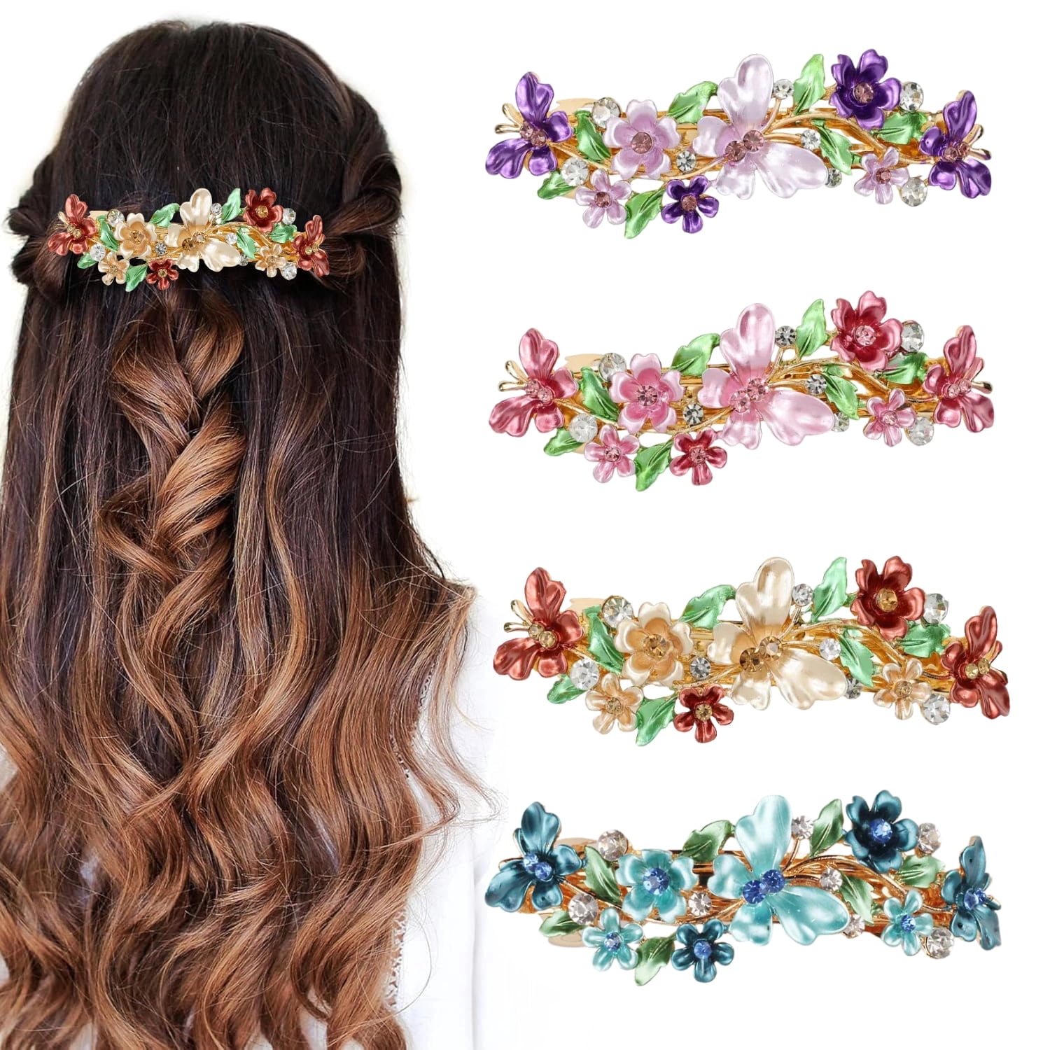 Vintage 4 Pairs of Handset Crystal Flower Hair Barettes Barrettes for Women Hair Barrettes for Women 4 Pack Vintage  main image 3