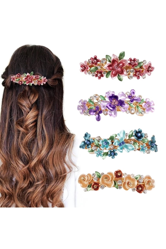 4PCS Vintage Flower Hair Barrettes for Women, Colorful Flora Rhinestone Hair Clips for Thick Thin Hair, Flower Design Metal French Hair Clip Decorative Hair Clip