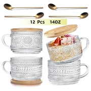 4PCS Vintage Glass Coffee Mugs with Bamboo Lids and Spoons,14oz Overnight Oats Containers Coffee Cups ,Double Glass Cups,Iced Coffee Glasses，Coffee Bar Accessories,Clear