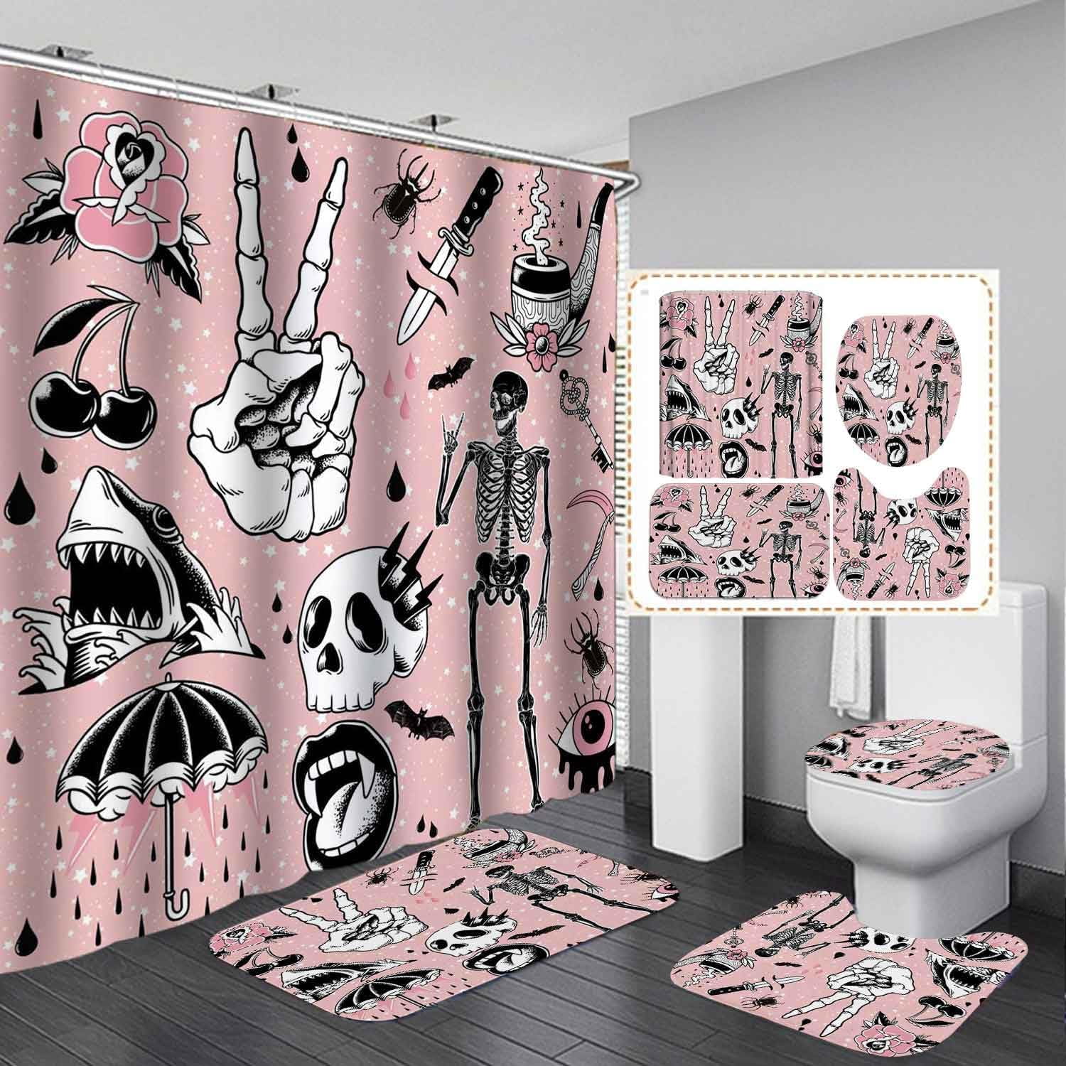 Halloween Shower Curtain Set - 72x72 Inch, Black Fabric With Ghosts, Grave, Castle, Pumpkin Design - View #2