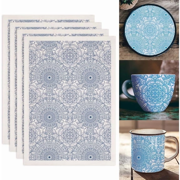 4PCS Vintage Mandala Underglaze Transfers for Pottery Plants Decals Ceramic Clay Transfer Paper Ceramic Decals Mandala Pattern Transfer Stickers Waterslide Decal Blue DIY