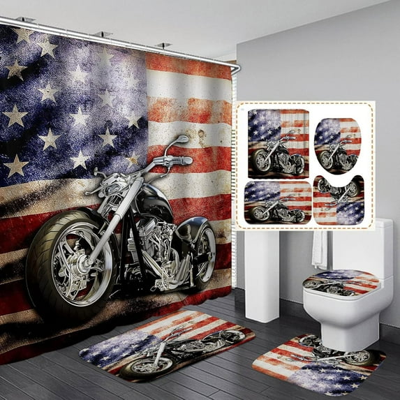 4PCS Vintage Motorcycle Shower Curtain Set, Gas Station Motocross Motorbike Bike Sports Man Cave Bathroom Decor Waterproof Fabric Shower Curtain Non-slip Bath Mat Toilet Rug, Motorcycle Garage