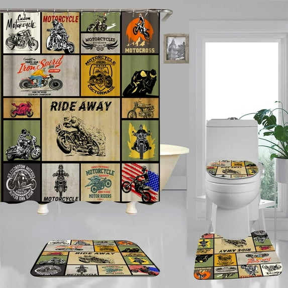 4PCS Vintage Motorcycle Shower Curtain Sets with Rugs, Waterproof Fabric Shower Curtain, American Woman Motorbike Motocross Rider Dirt Bike Race Cool Extreme Sports Bathroom Decor, Route 66