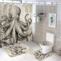 4PCS Vintage Octopus Shower Curtain Set Retro Nautical Map Animal Bathroom Decor Sets with Rugs Bathroom Accessories Set Bathroom Curtain Shower Set with 12 Hooks