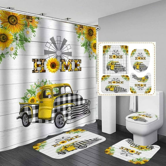4PCS Vintage Red Farm Truck Shower Curtain Sets, Antique Car Retro Pickup Truck Watercolor Flower Rustic Wooden Board Country Farmhouse Bathroom Decor, Non-Slip Bath Mat Toilet Rug, Red Car