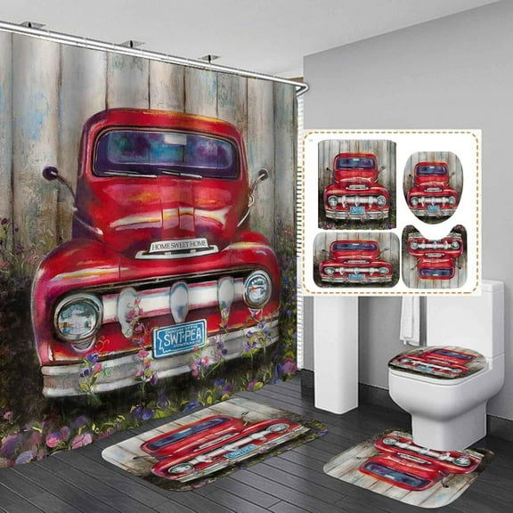 4PCS Vintage Red Farm Truck Shower Curtain Sets, Antique Car Retro Pickup Truck Watercolor Flower Rustic Wooden Board Country Farmhouse Bathroom Decor, Non-Slip Bath Mat Toilet Rug, Red Car