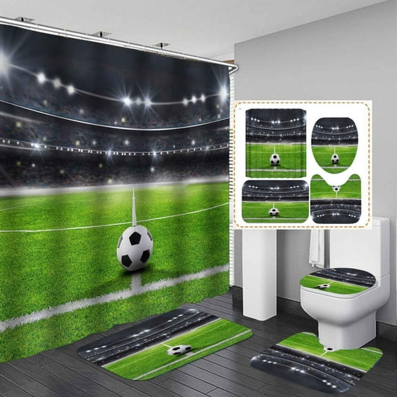 4PCS Vintage Soccer Shower Curtain Sets with Rugs, Sports Shower Curtain, Waterproof Fabric Black and White Shower Curtain, Dark Gothic Grunge Retro Football Men Kids Teen Boys Bathroom Decor