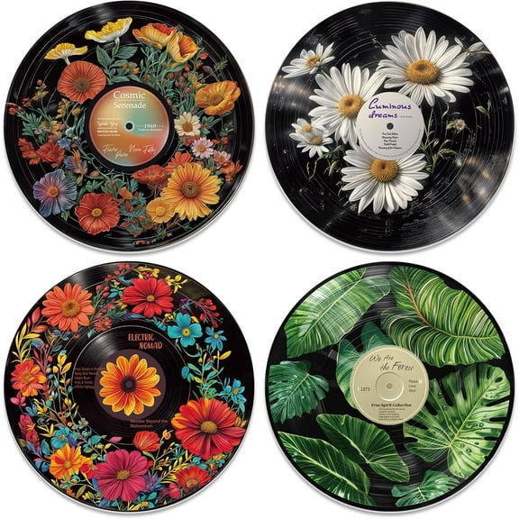 4PCS Vinyl Record Decor 12 Inch Record Decorations for Indie Hippie Room Decor Botanical Wall Art for Room Aesthetic Flower Leaves Records Wall Decor for Music Party Studio Display