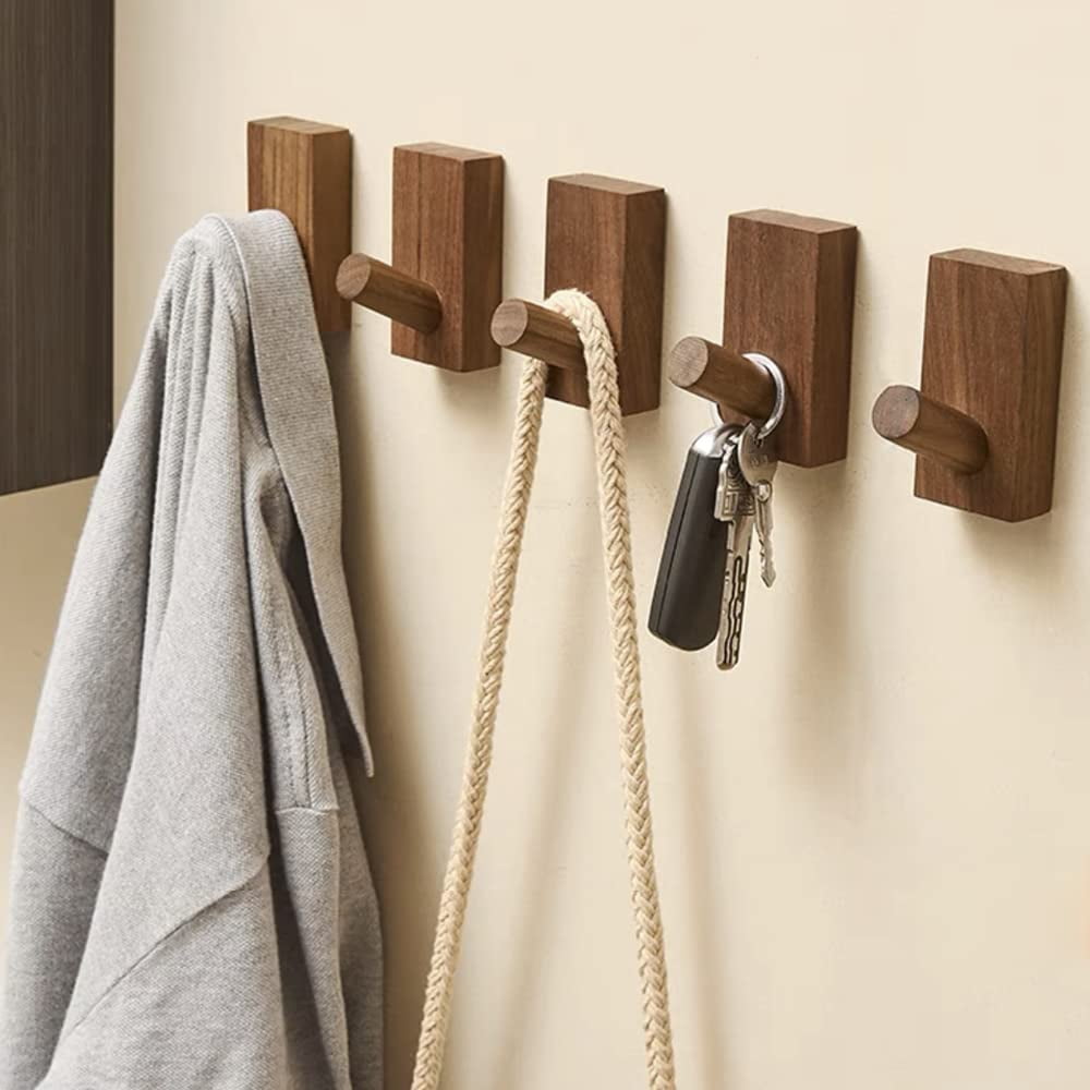 4PCS Wall-Mounted Wood Hook Rack, Wood Clothes Hanger Coat Hook，Black  Walnut Wood Color, Bathroom Bedroom Hooks Organize Hangers 