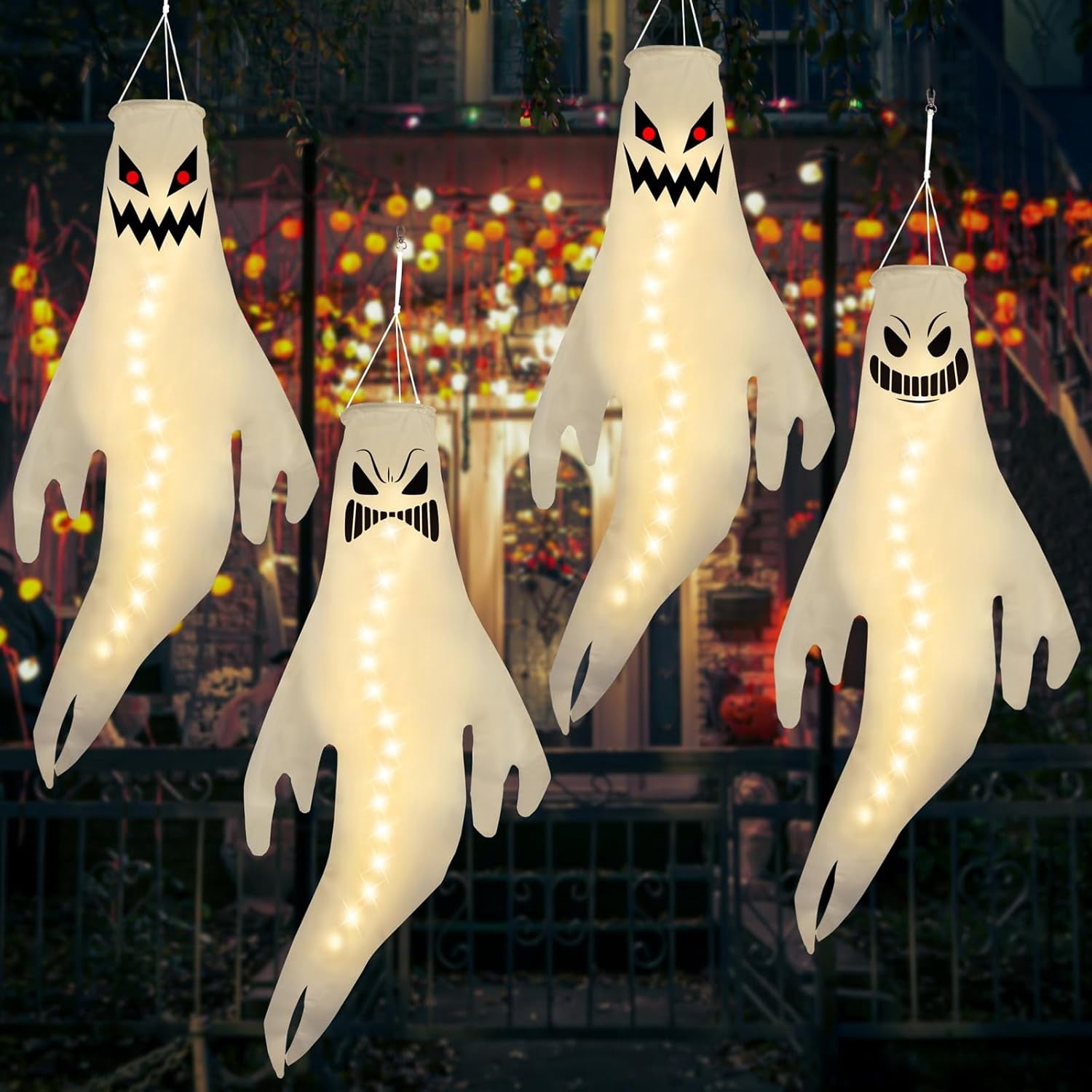 Ghost Windsock 4PCS Warm Light Halloween Fierce Ghost Windsocks Hanging Decorations ...