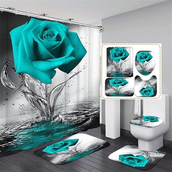 4PCS Water Rose Shower Curtain Set with Non-Slip Rugs, Toilet Lid Cover & Bath Mat, Shower Curtain with 12 Hooks, Bathroom Sets with Shower Curtain & Rugs & Accessories, Teal, 71'' x 71''