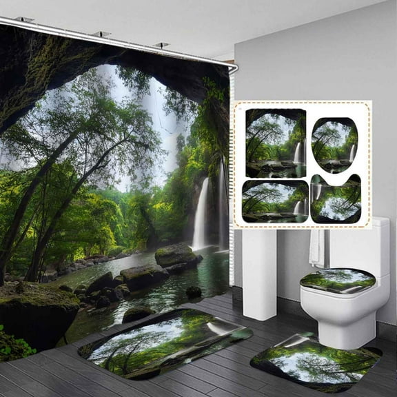 4PCS Waterfall Shower Curtain Set, Waterproof Fabric Shower Curtain, Non-Slip Bath Mat Bathroom Rugs Spring Forest Nature Scenery Rainforest Tropical Jungle Plant Lake Landscape Bathroom Decor