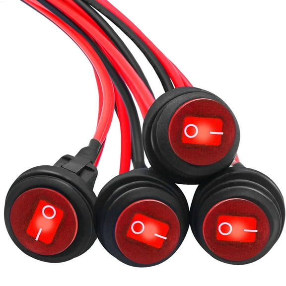 4PCS Waterproof Rocker Switch 12V Round Toggle Switch SPST 3 Pin ON Off Red LED Light with Detachable Wires for Car Auto Boat Trucks KCD1-5-101NW-R-X