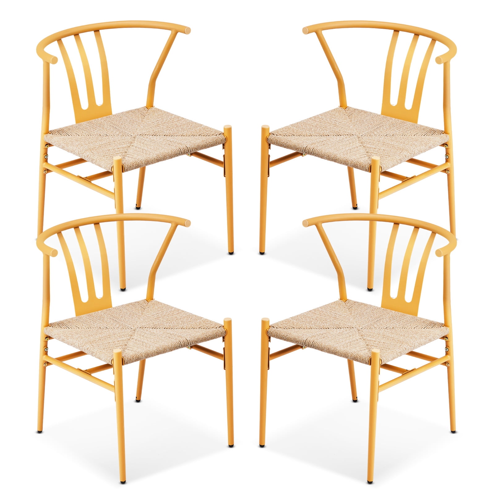 4PCS Weave Dining Chair, Mid-Century Modern Metal Rattan Chair for Kitchen Dining Living Room, Wood Color