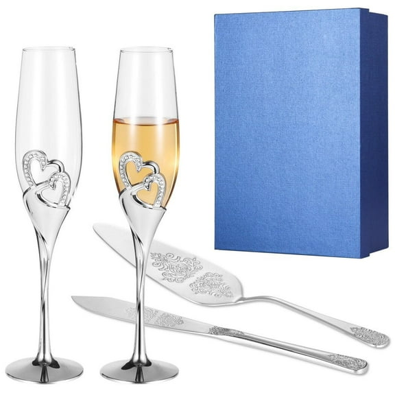 4PCS Wedding Champagne Flutes and Cake Knife Scoop Set, Champagne Flutes Sever Set for Wedding Gifts, Champagne Glasses for Bridal Shower Gifts, Cake Cutting Accessories for Wedding