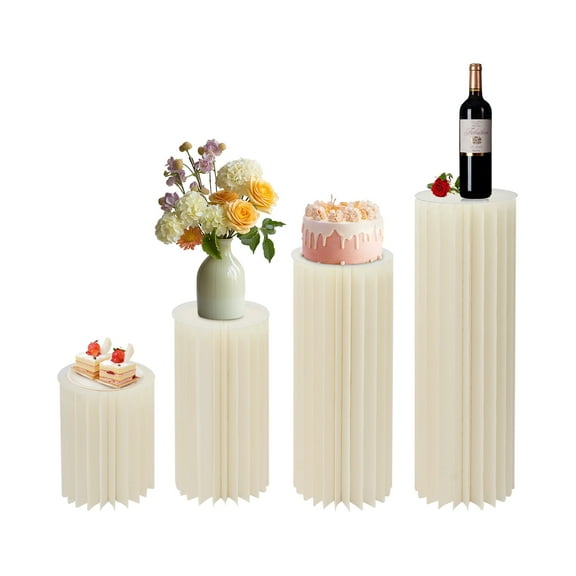 4PCS Wedding Round Cylinder Pedestal Flower Stands, Accordion Cylinder Cardboard Folding Pedestal, Display Column Stand with Round Top Plate, Party Cake Flowers Display Stand for Birthday Party
