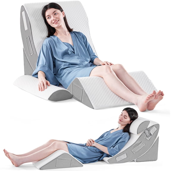 4PCS Wedge Pillow Set for After Surgery, Orthopedic Bed Wedge Pillow for Back Pain Relief, Sitting Up in Bed, Acid Reflux, Adjustable Post Surgery Pillows for GERD, Snoring, White/Grey