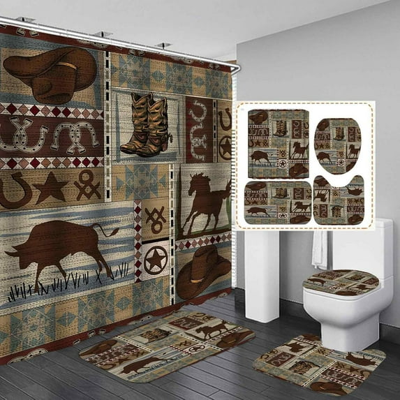 4PCS Western Cowboy Riding Horse Shower Curtain Set, Vintage Wild West Texas Ranch Country Rustic Farmhouse Bathroom Decor, Brown Shower Curtain, Non-Slip Bath Mat Toilet Rug, Life is A Rodeo