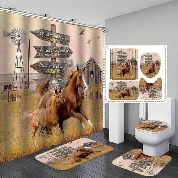 4PCS Western Cowboy Riding Horse Shower Curtain Set, Vintage Wild West Texas Ranch Country Rustic Farmhouse Bathroom Decor, Brown Shower Curtain, Non-Slip Bath Mat Toilet Rug, Life is A Rodeo