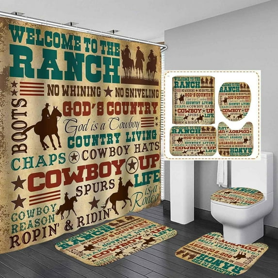 4PCS Western Cowboy Riding Horse Shower Curtain Set, Vintage Wild West Texas Ranch Country Rustic Farmhouse Bathroom Decor, Brown Shower Curtain, Non-Slip Bath Mat Toilet Rug, Life is A Rodeo